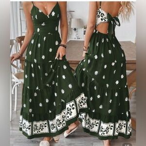 Floral Green Maxi Dress XL tie back